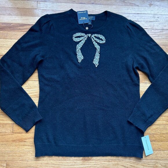 New W/tag Black Rhinestone Bow Cashmere Sweater L - Picture 1 of 3